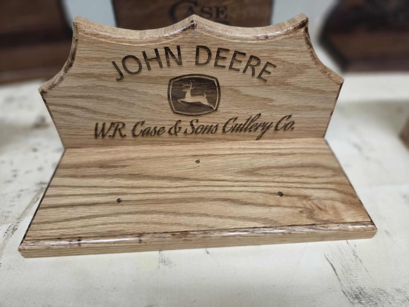 W.R. Case & Sons John Deere 3 Knive Display Stand Made From OAK.