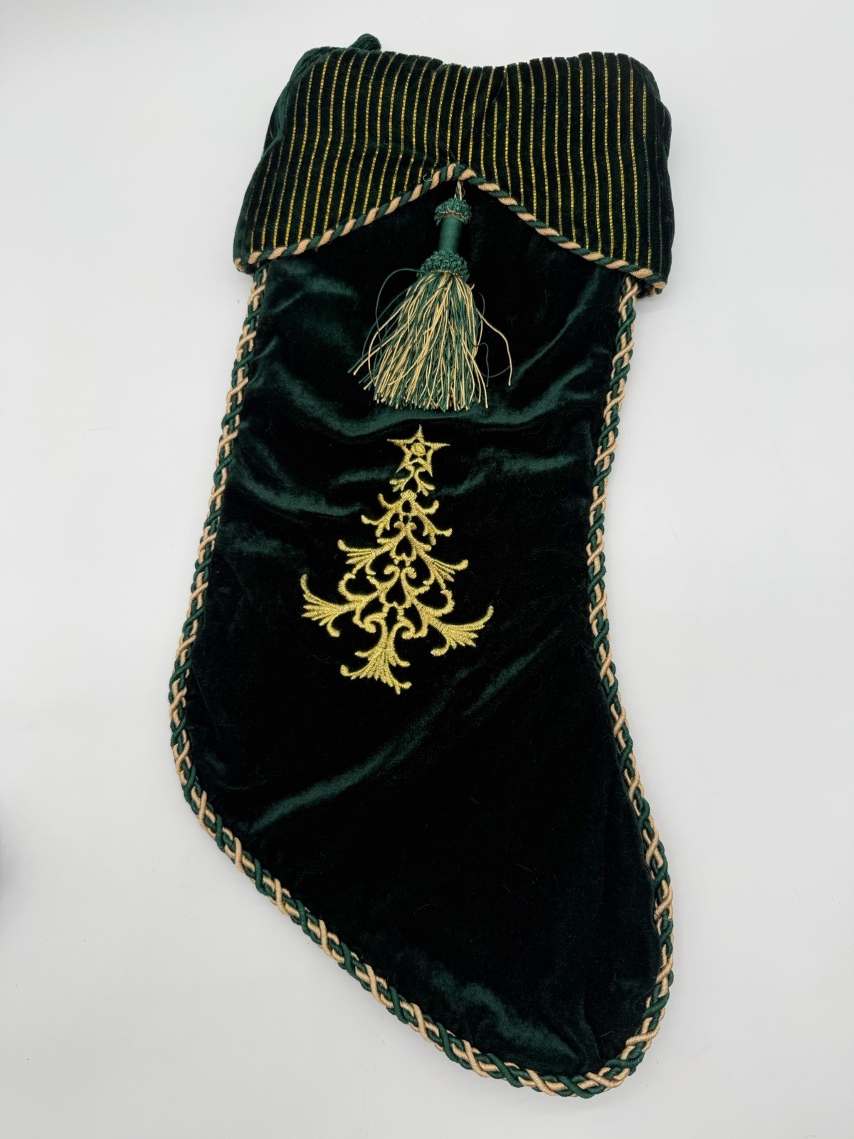 Vintage Classy Green & Gold Crushed Velvet Tassel Christmas Tree Stocking