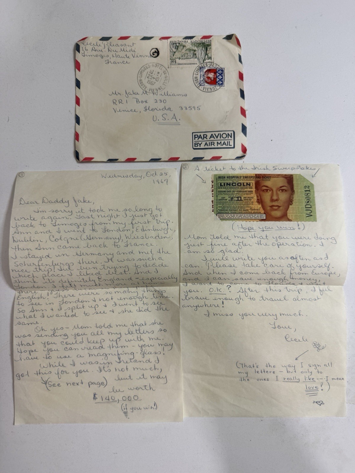 1967 France to Florida Letter w/ 1968 Irish Hospitals Sweepstakes Lincoln Ticket