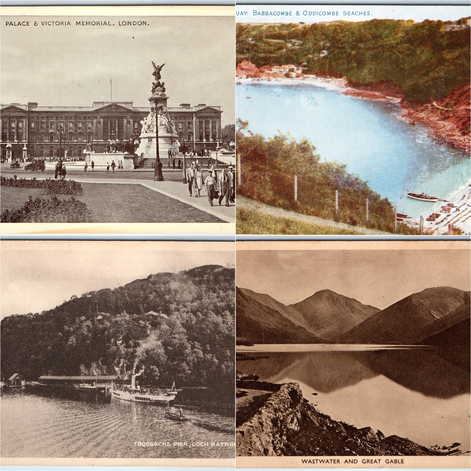 x4 LOT c1920s UK Postcard Buckingham Palace Torquay Beaches Loch Katrine Lake