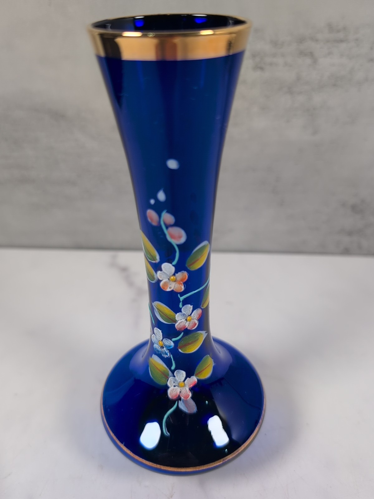 Vintage Bohemian Czech Colbalt Blue & Gold w/Hand Painted Flowers 8\
