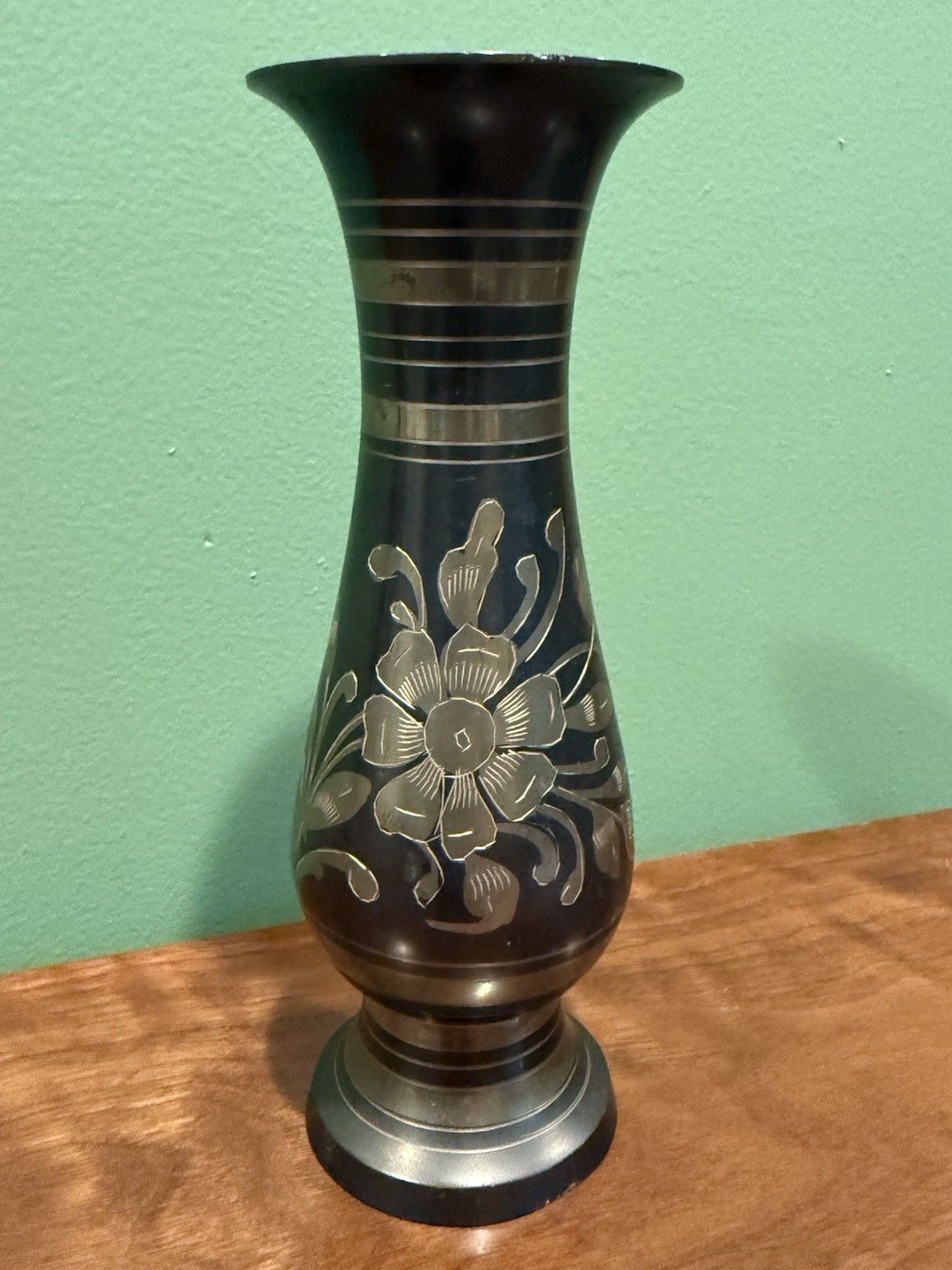 Vintage Indian Black Enamel Brass Bud Vase Etched Floral Design Made In India