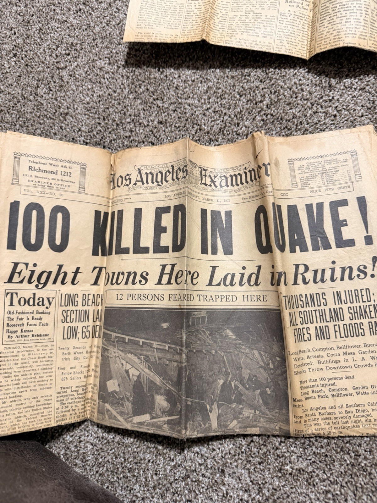 Los Angeles Examiner — March 11, 1933 — “100 KILLED IN QUAKE” Newspaper Los Angeles Examiner — March 11, 1933 — “100 KILLED IN QUAKE” Newspaper