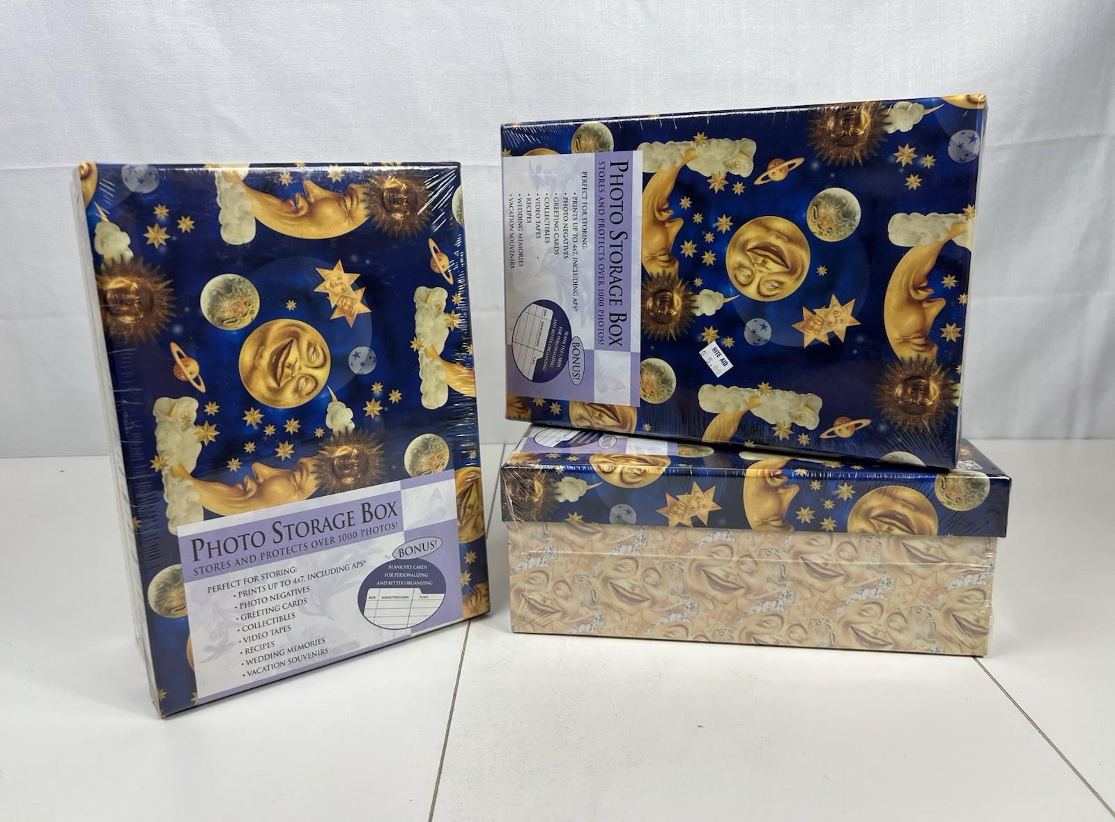 (3) Vtg. 1999 Rembrandt Celestial Sun Moon Stars Keepsake Photo Storage Boxes (3) Vtg. 1999 Rembrandt Celestial Sun Moon Stars Keepsake Photo Storage Boxes