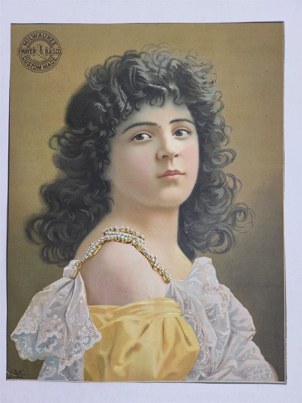 1890s antique F. MAYER MILWAUKEE SHOES victorian AD lithograph 10x13 paper SIGN