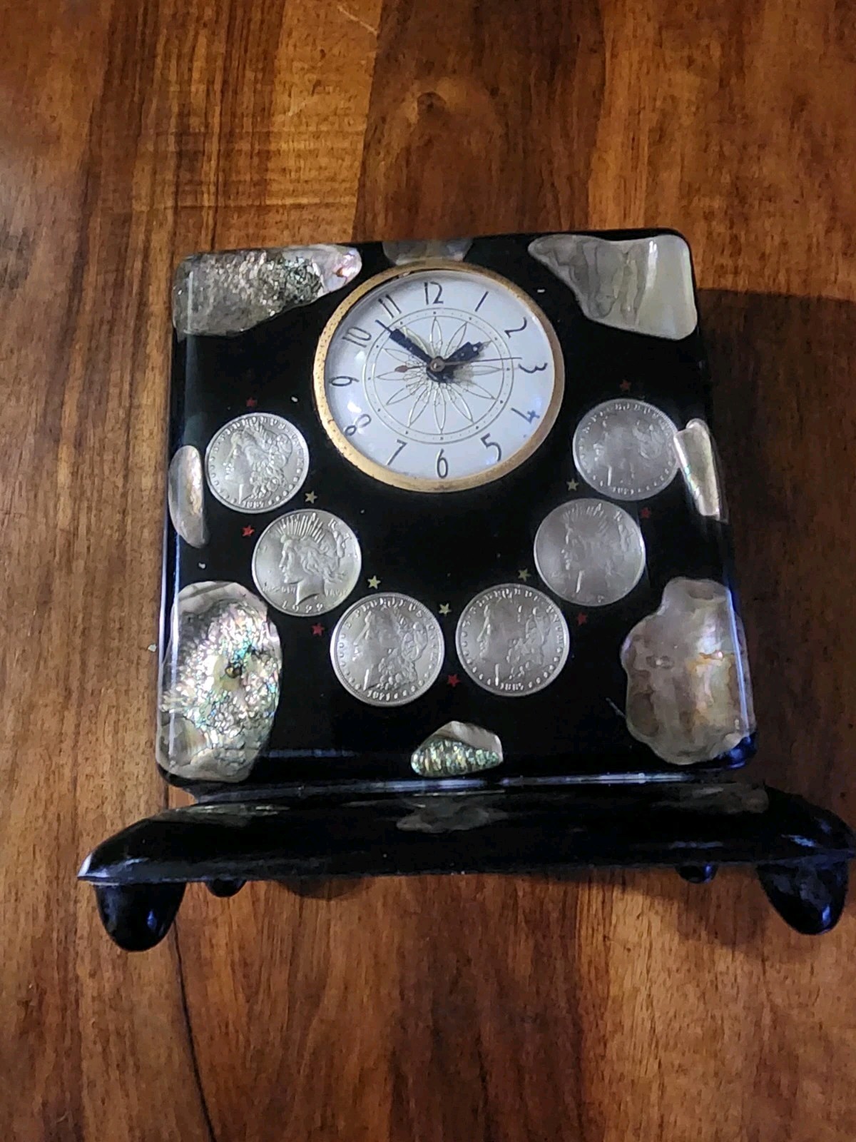 1950s Resin Art Clock 7 Silver Coins Dollars Morgan & Peace – Mother of Pearl