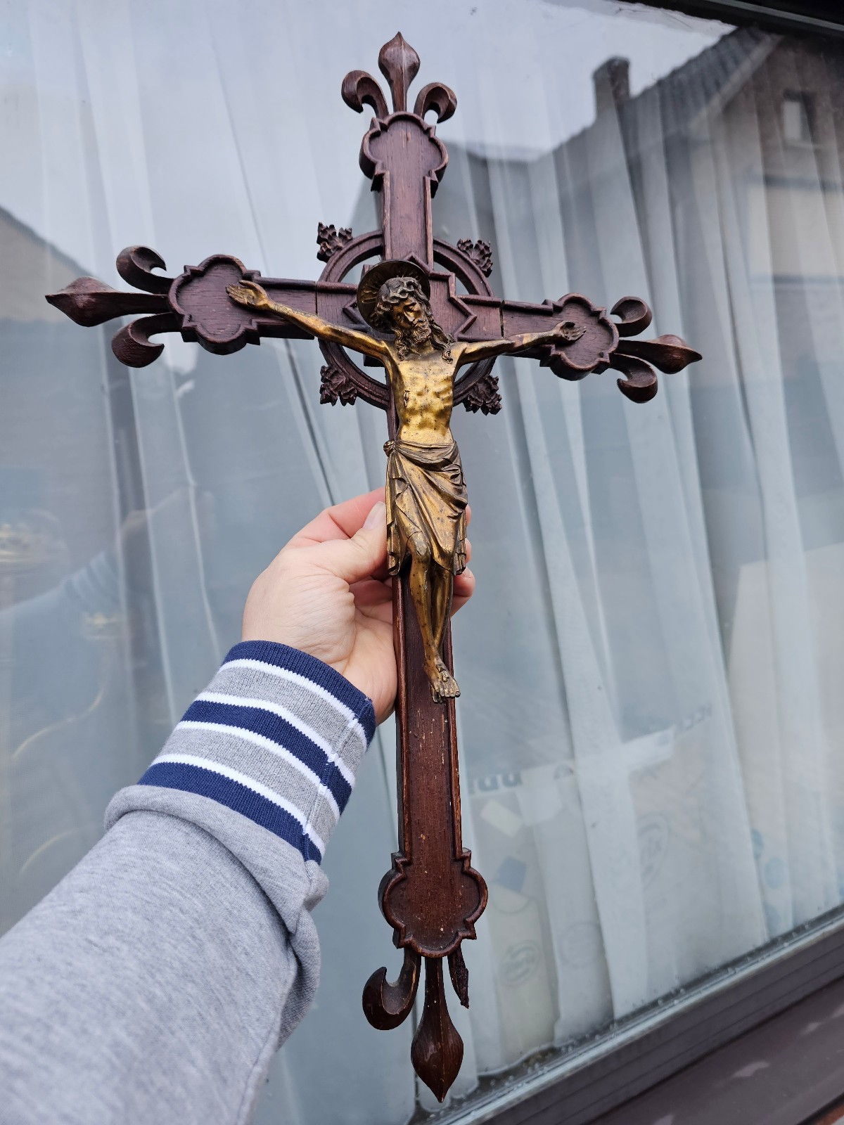 Antique French wood bronze neo gothic crucifix fleur de lys
