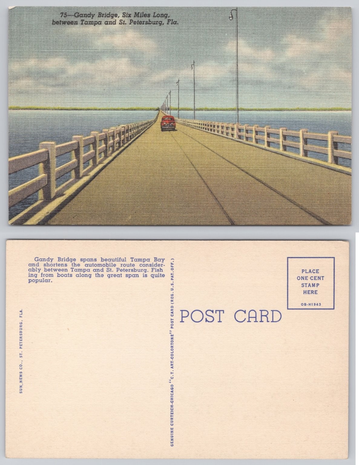 Vintage Gandy Bridge Tampa Bay FL Linen Postcard Curteich Art-Colortone 1940s