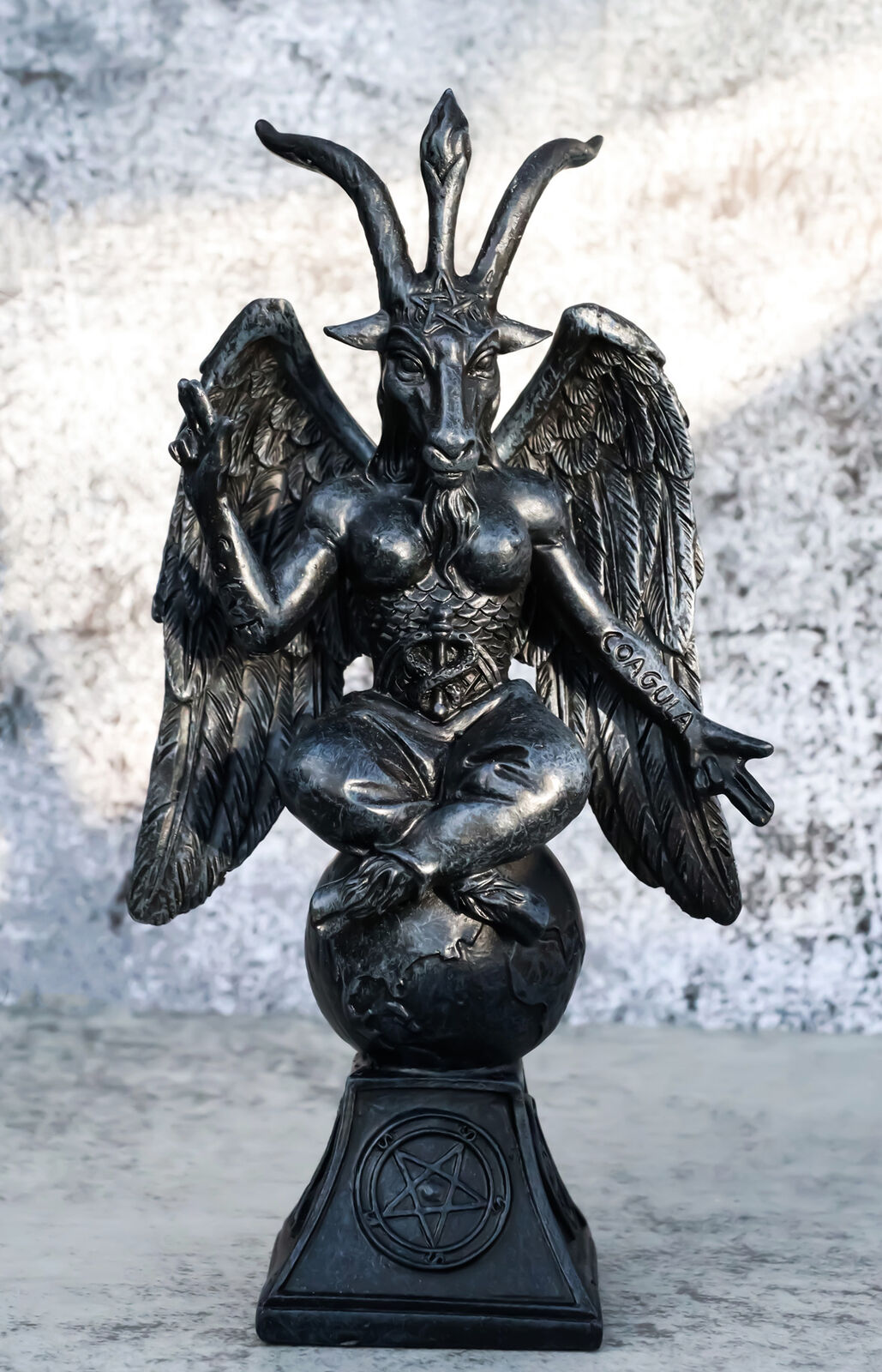Faux Stone Grey Sabbatic Goat Idol Baphomet Sigil Pentagram Figurine 6.5