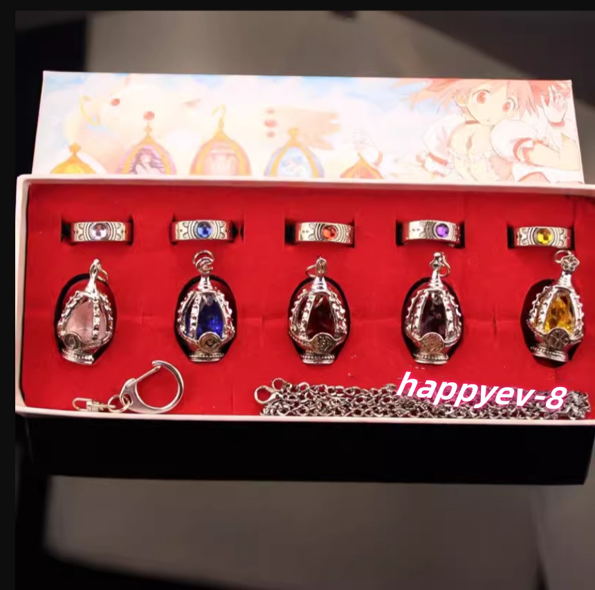Puella Magi Madoka Soul Gem Set 10 PCs Magical Pendants Necklace Rings Cos Model