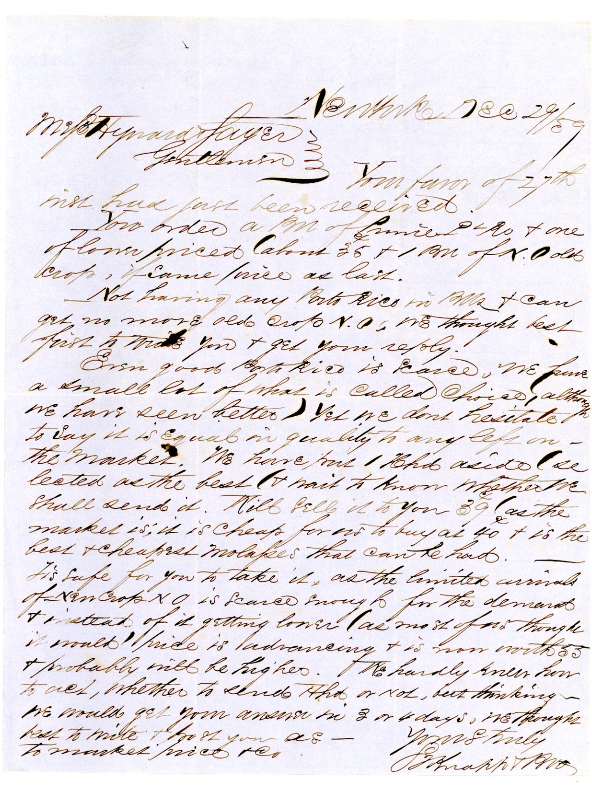 1859 New York Cotton and Rice Trade Letter to Sprague, Soule & Co. 1859 New York Cotton and Rice Trade Letter to Sprague, Soule & Co.