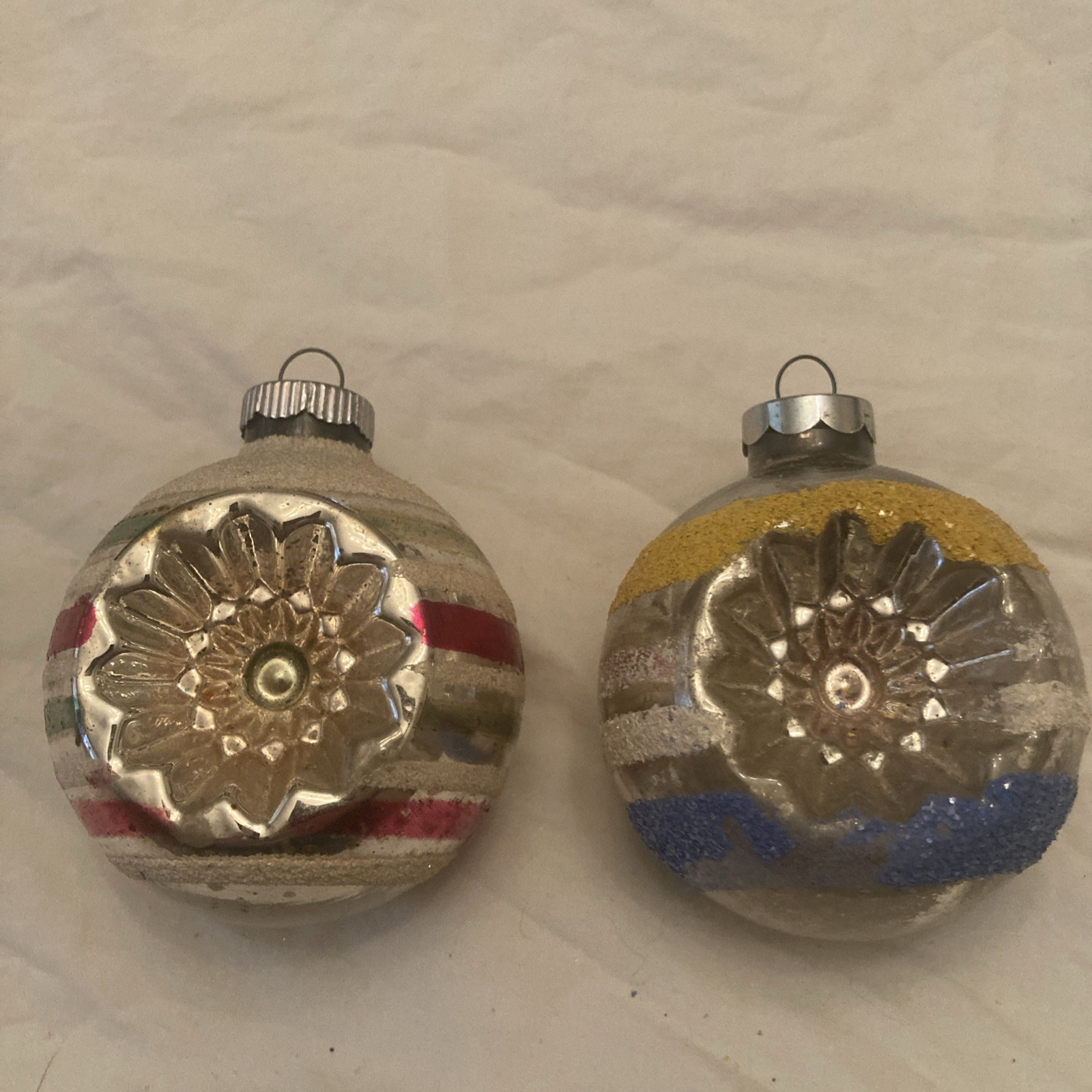 Vtg Circa 1940 Shiny Brite Mercury Glass Indent Flocked Christmas Ornaments (2)