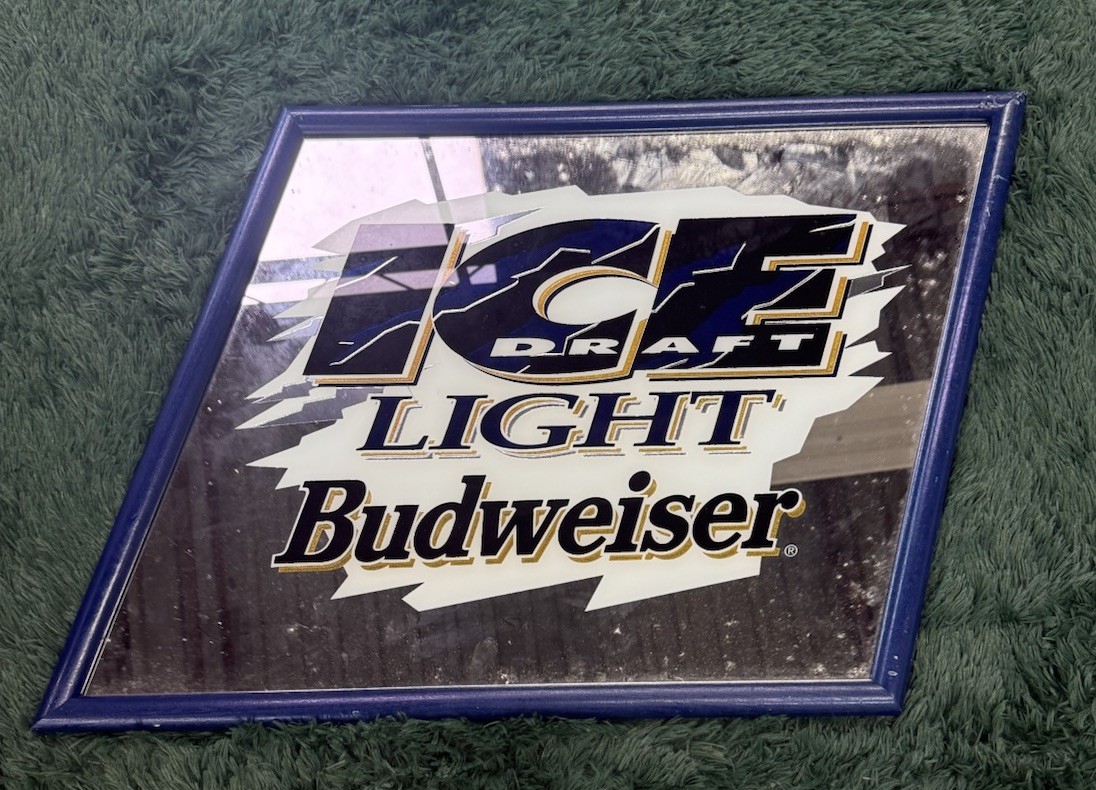 Vtg BUD ICE Draft Beer Budweiser USA Slanted Mirror Sign Anheuser Busch 22x25 Vtg BUD ICE Draft Beer Budweiser USA Slanted Mirror Sign Anheuser Busch 22x25