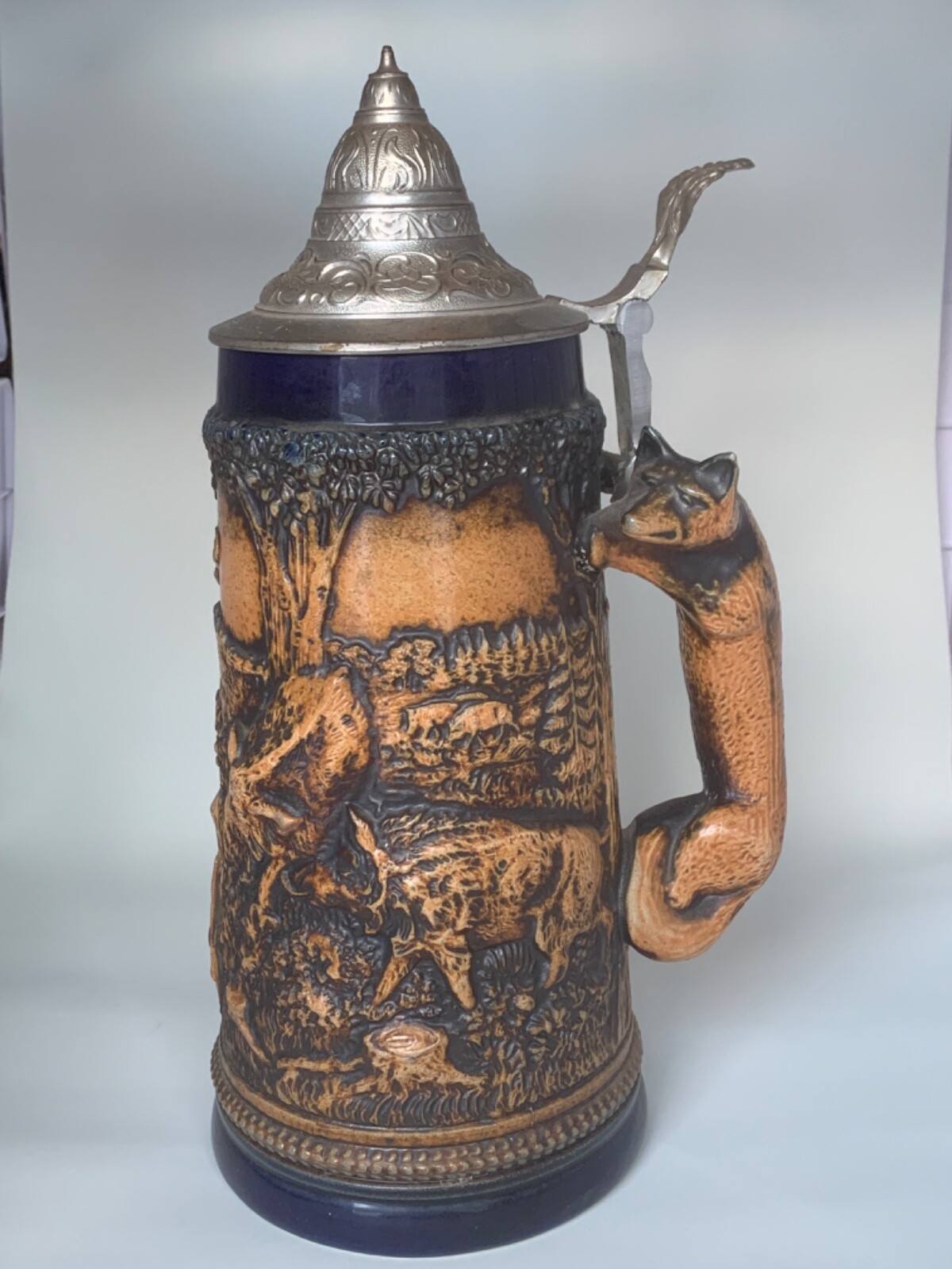 Gerz boar and elk Vintage German Beer Stein with Fox Handle 11”