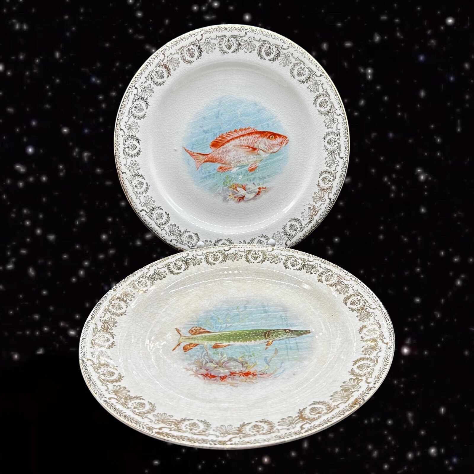 Antique Vitreous Edwin M Knowles Fish Plate Set 2 Hand Painted Plate Dish 9”W