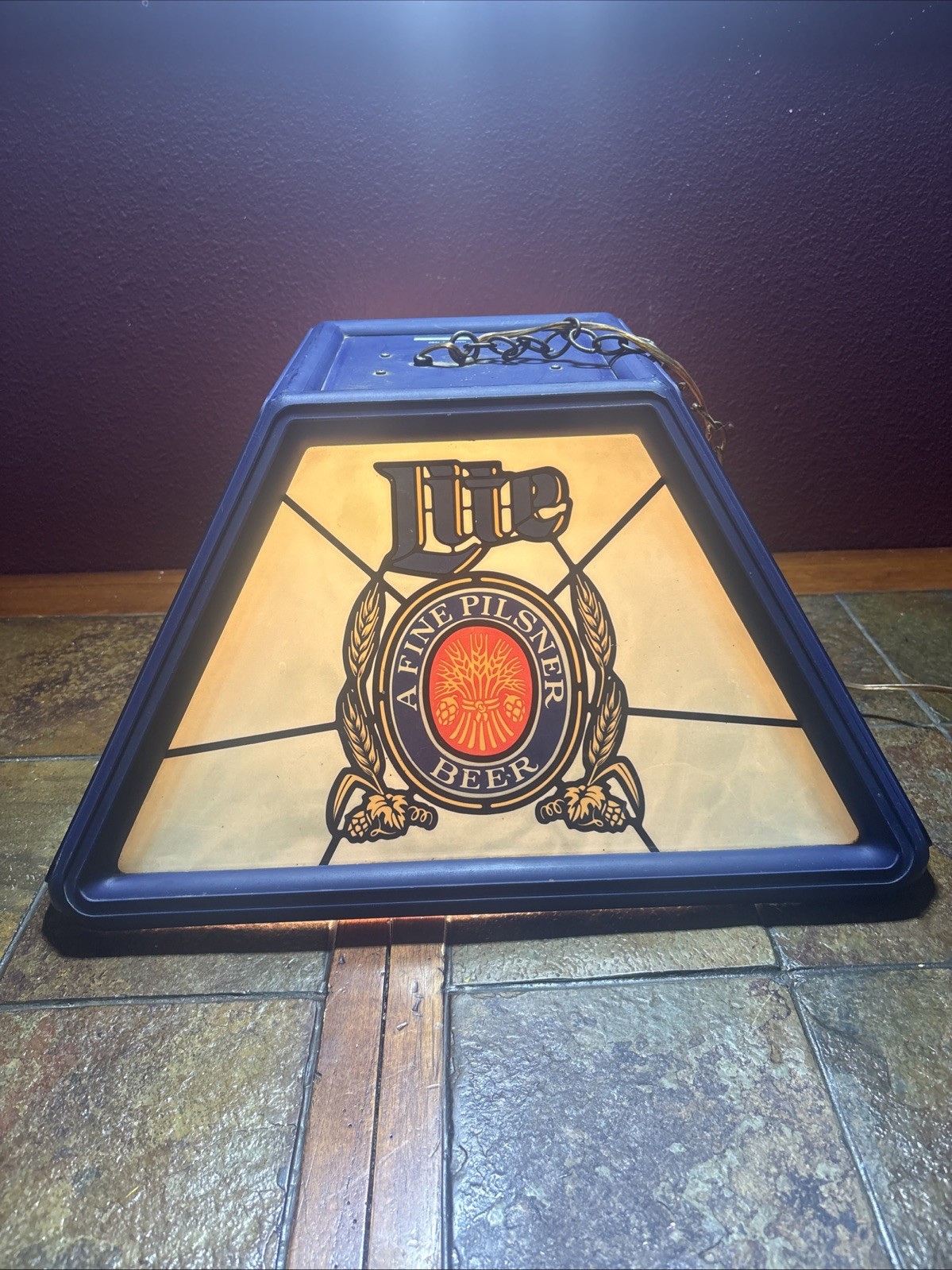 Vintage 1989 Miller Lite Hanging Pool Table Light Beer 20x20x12 WORKS Blue Lamp