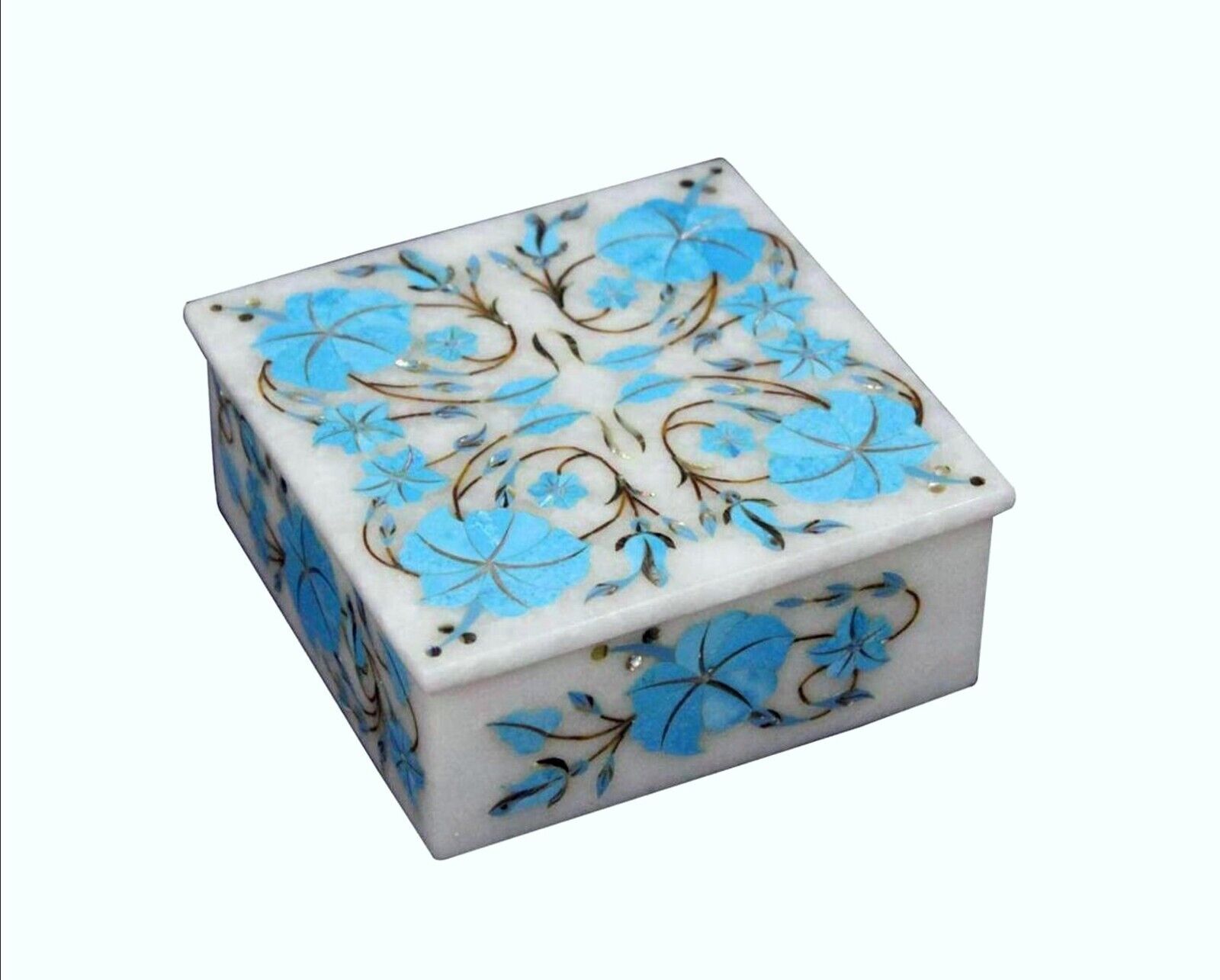 Square Marble Jewelry Box Turquoise Stone Inlay Work Giftable Box for Girlfriend