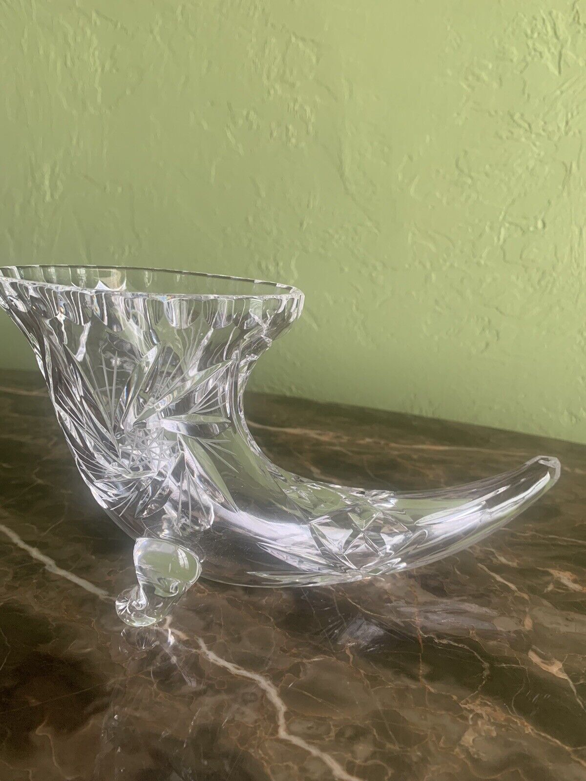 Vintage Cut Crystal Cornucopia Horn Footed Vase , Etched Hobnails