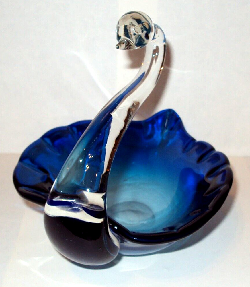 Vintage Hand Blown Glass Swan Blue Clear Trinket Dish Bird