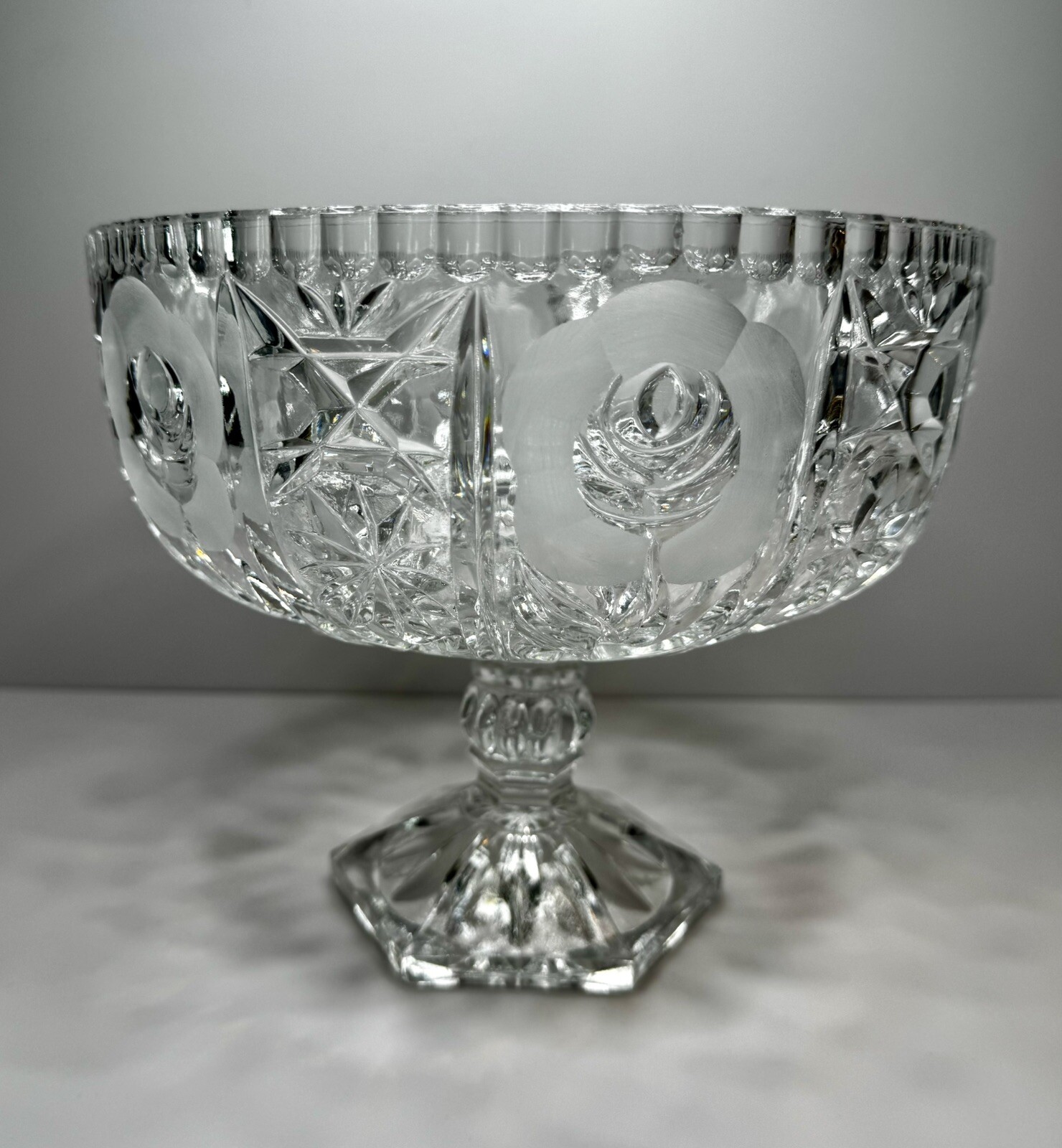 Vintage Lead Crystal Cut Pedestal Bowl Etched Flower Design Compote 7” T X 8.5 W