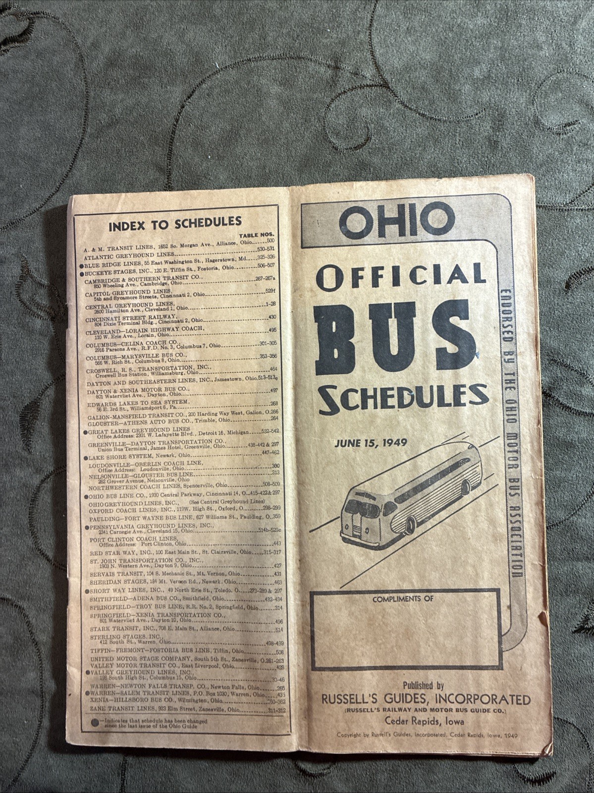 Vintage June 15, 1949 Ohio Official Bus Schedules.