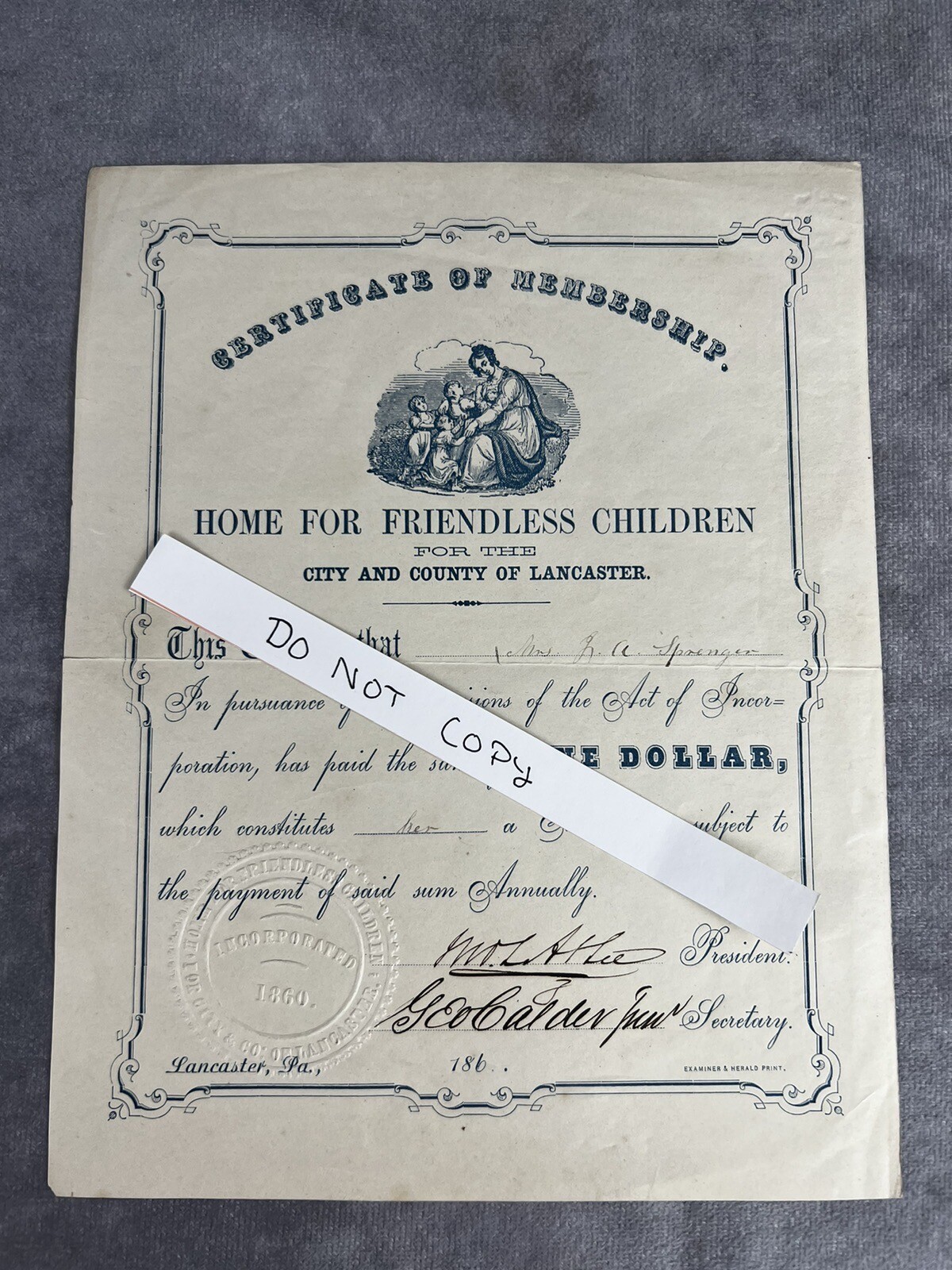 Antique 1860 Home For Friendless Children Membership Certificate Lancaster, PA