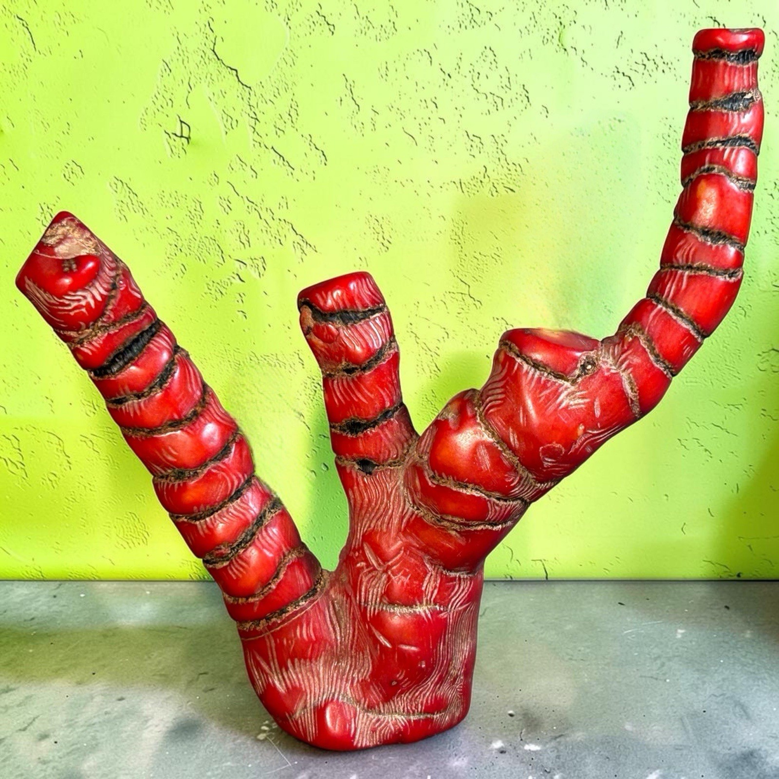 Vintage 1960s Chinese Carved Red Bamboo Root Faux Coral Style Sculpture Decor
