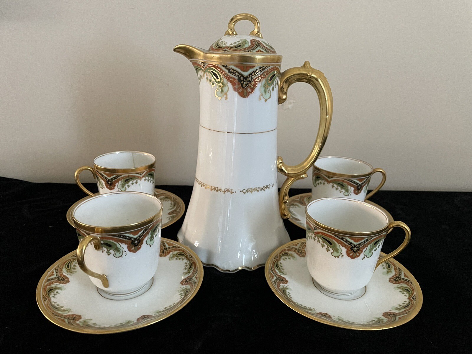 Antique Limoges Elite Works Art Nouveau Chocolate Pot Cups 9pc Serving Set 8.5”