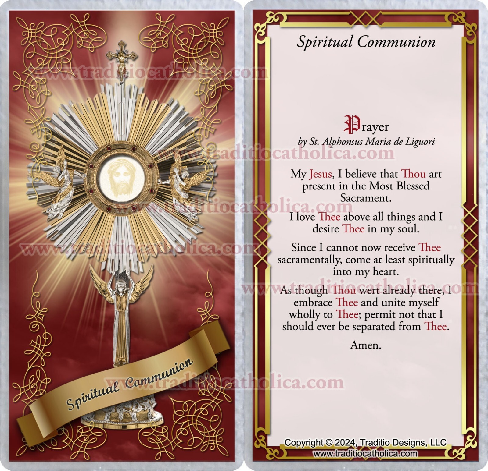Spiritual Communion laminated Holy Prayer card. Most Blessed Sacrament.