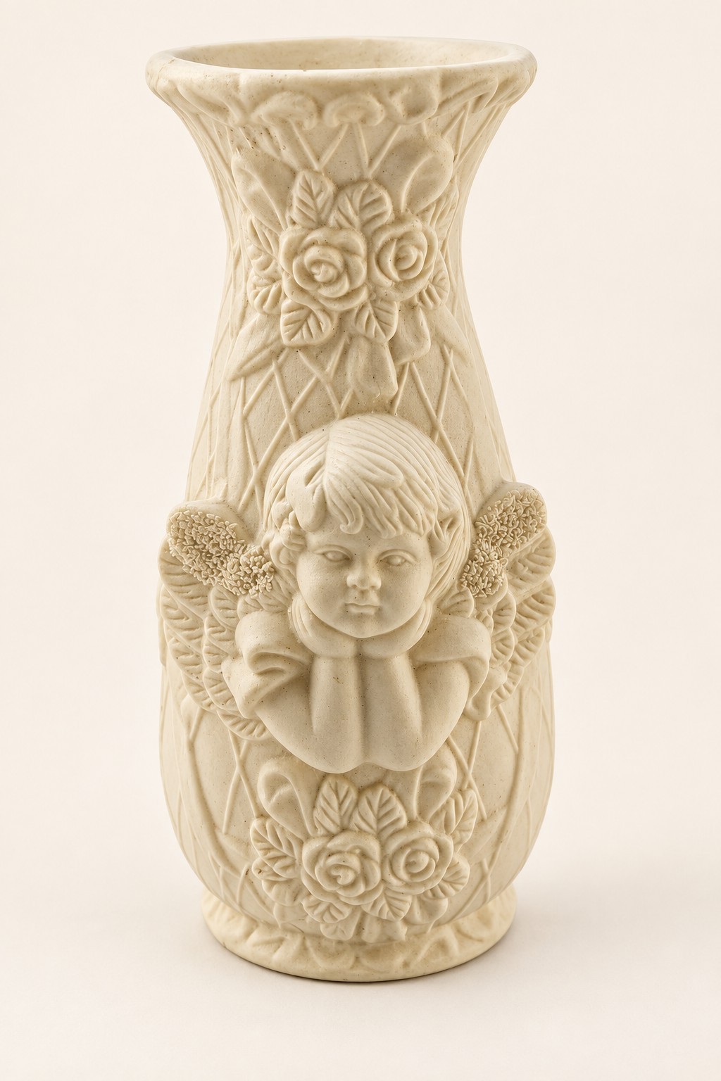 Vintage Ivory Ceramic Cherub Angel Vase Roses Shabby Chic Victorian Cottagecore