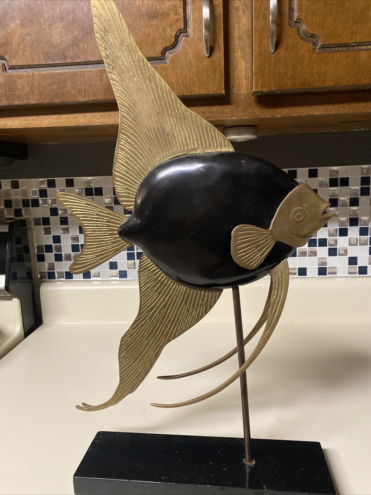 Rosenthal Netter Fish Sea Figurines Black Fish Brass & Wood Vintage MCM