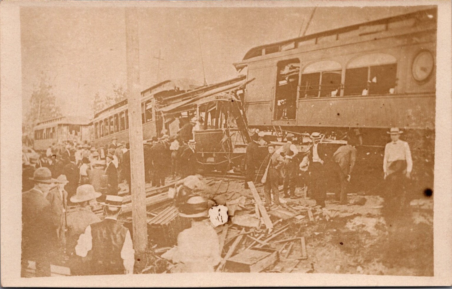 Vintage KRUXO RPPC Train Trolley Wreck Disaster Accident Onlookers Postcard