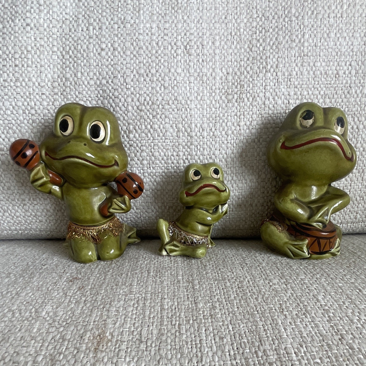 Porcelain Frog Figurines Set of 3 - Hula & Drummer, Green Accents