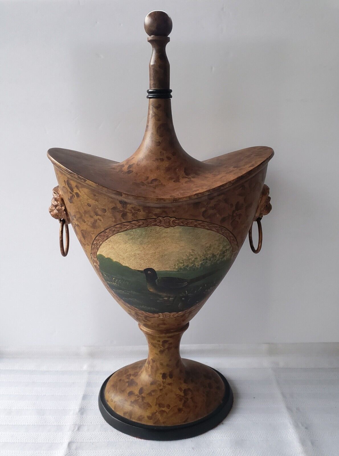 19thCentury 19” Folk Art Toleware Wooden Urn Handpainted Bird Panels Adirondacks