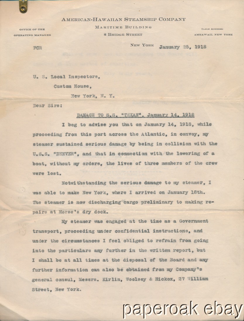 Official Document 1918 S.S. Texas & U.S.S. Denver Collision Notarized Report