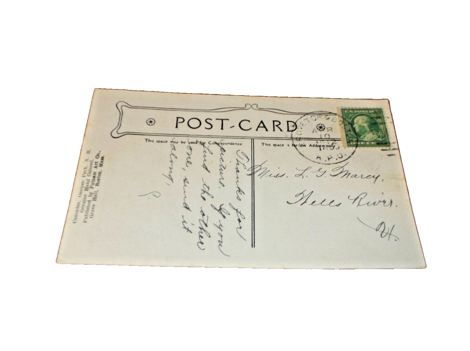 APRIL 1912 GRAND TRUNK GROVETON & BOSTON TRAIN #33 RPO HANDLED POST CARD