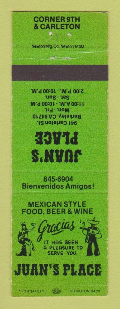 Matchbook Cover - Juan\'s Place Mexican Food Berkeley CA