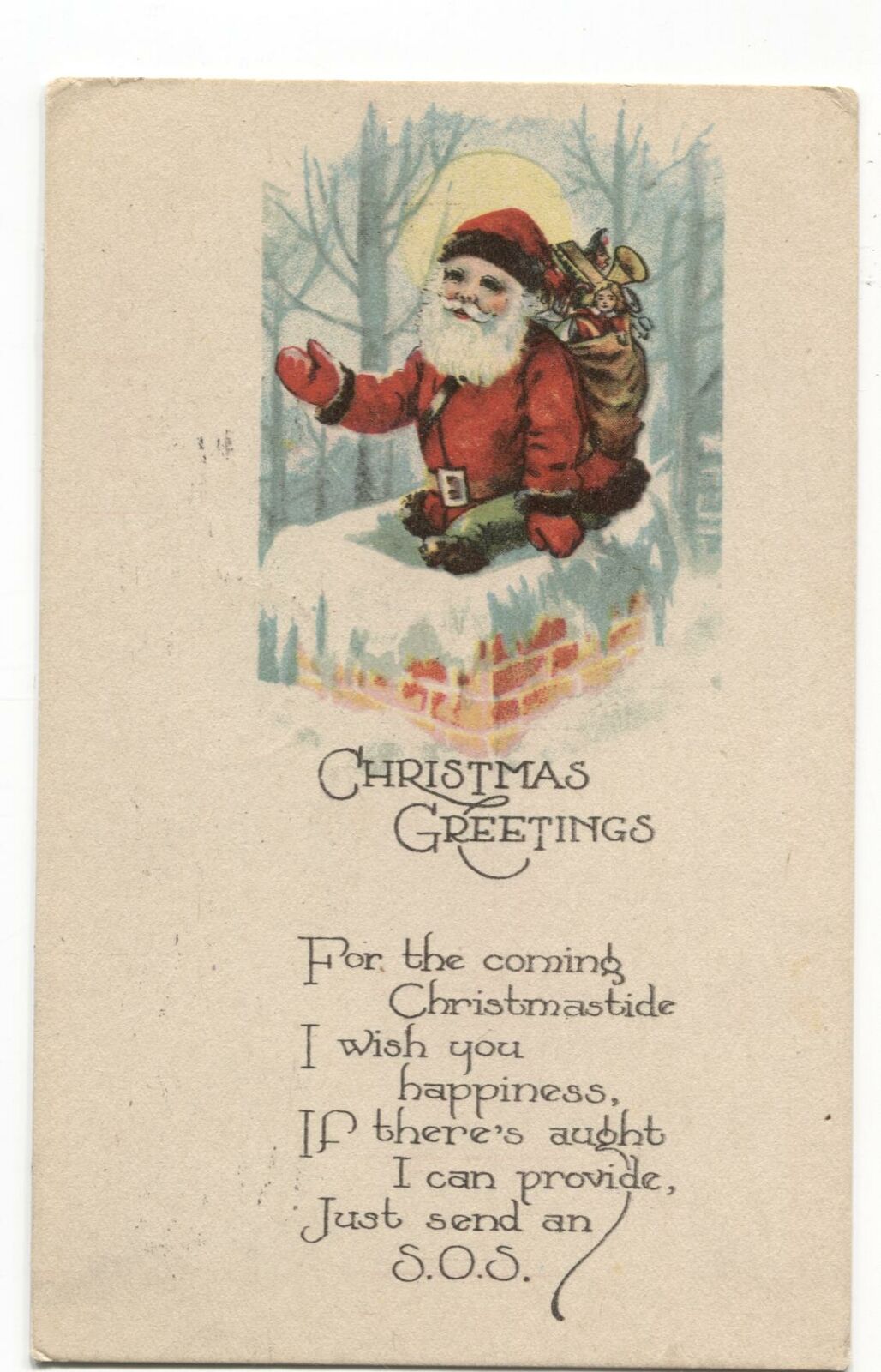 Postcard Christmas Greetings Santa Going Down Chimney 