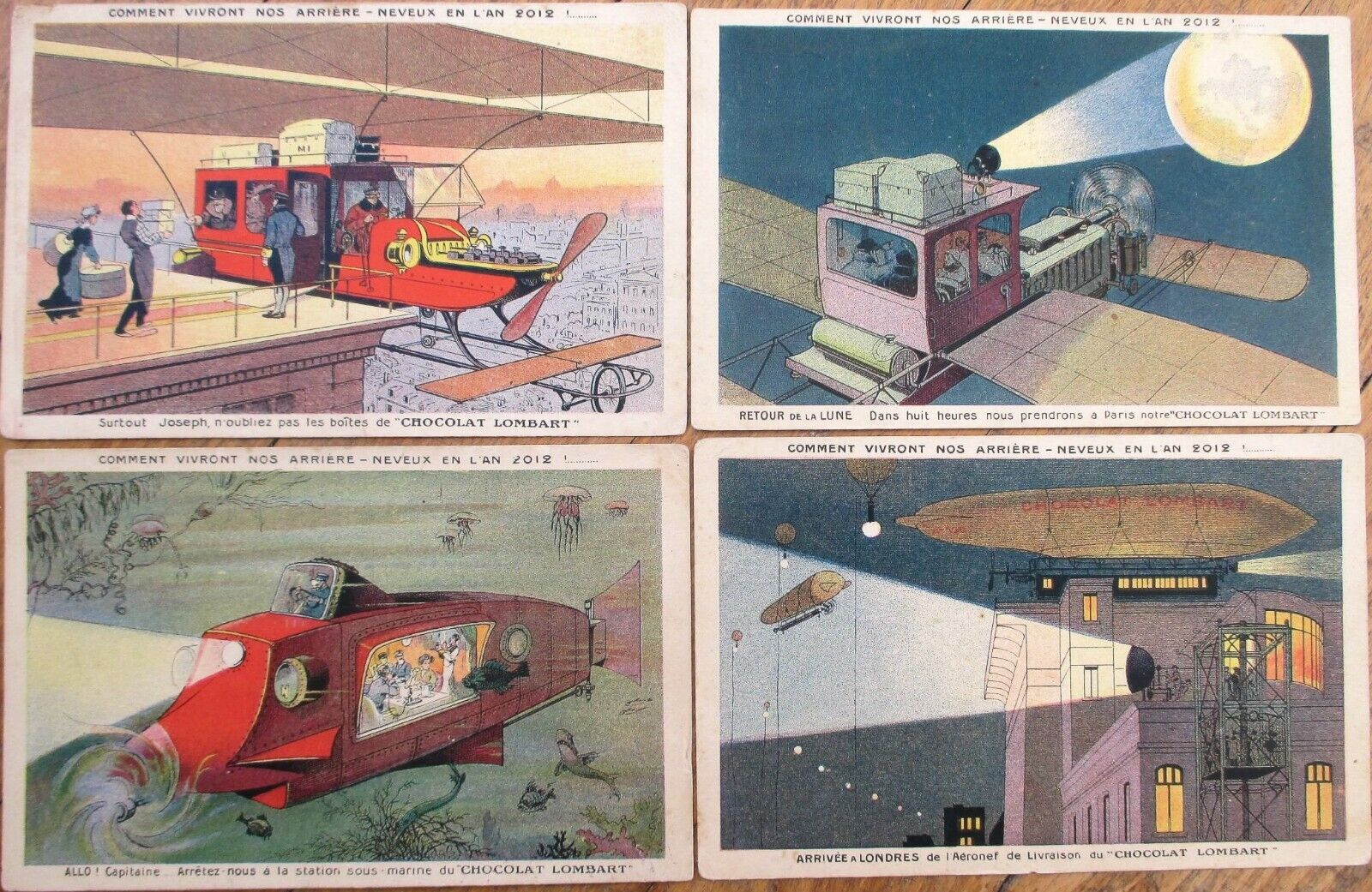 Fantasy Aviation 1912 French Chocolate Advertising Postcard Set Airship Airplane