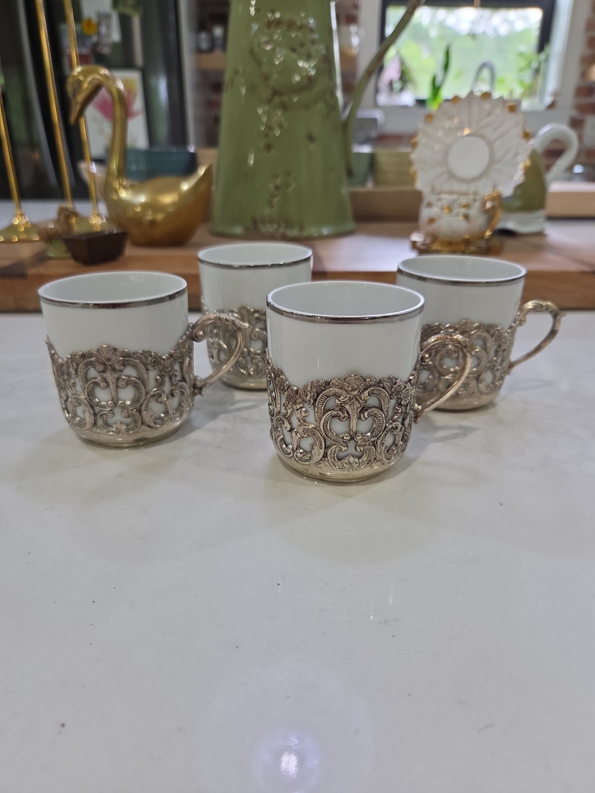 4 Vintage Raimond Japan Silver Plated Ceramic Espresso Tea Cups Filigree Handles