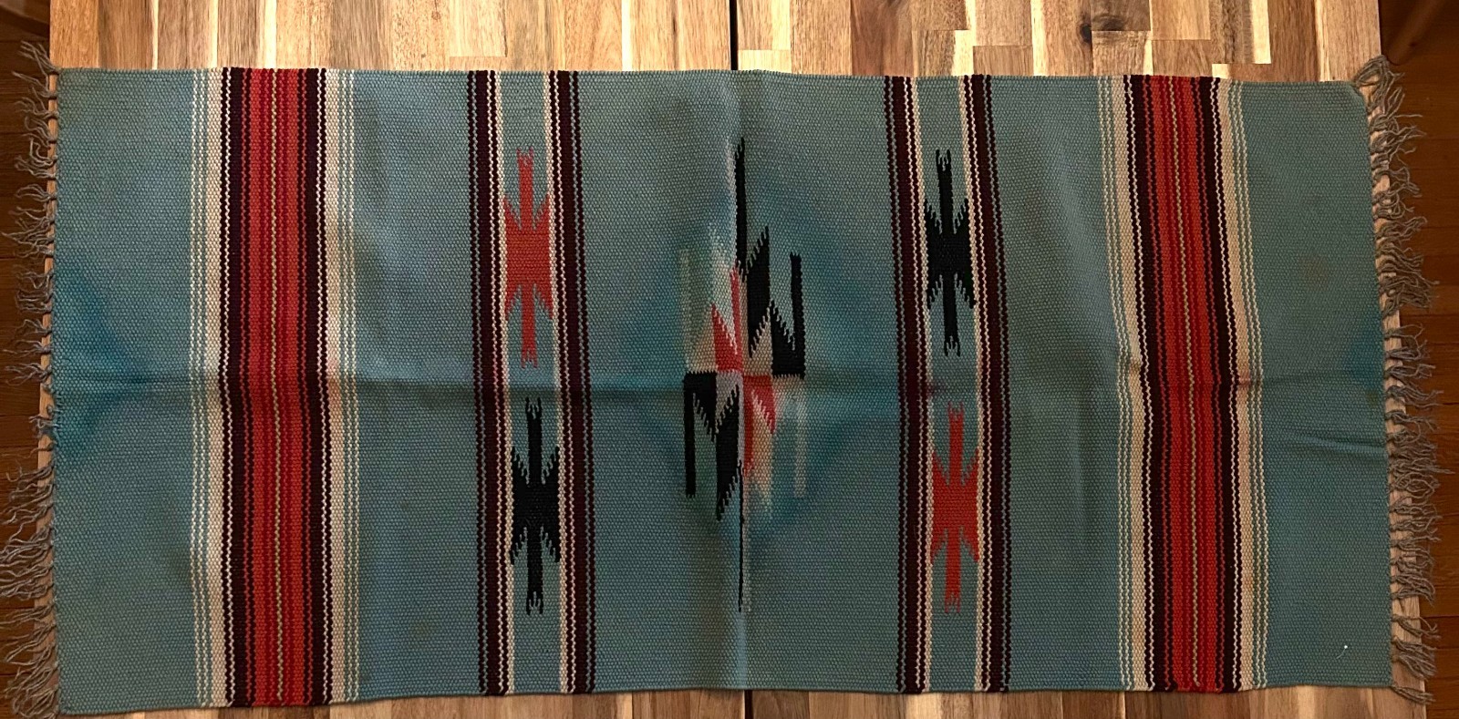 Vintage Hand Woven Chimayo Mexican Saltillo 100% Wool Rug Textile