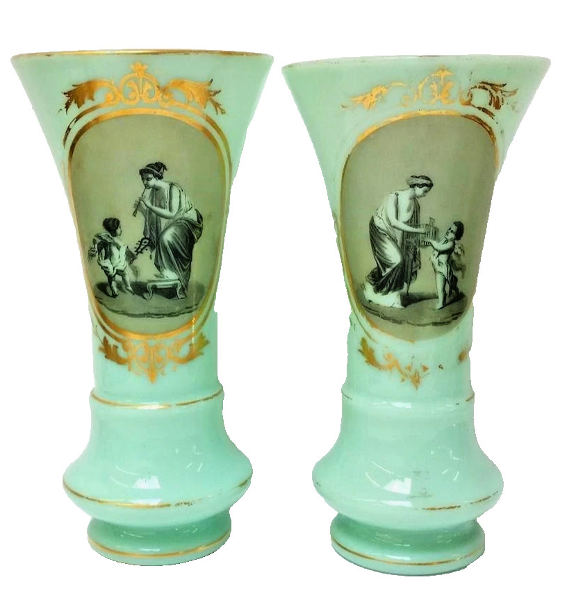 Antique Pair of French Light Green Opaline Glass Vases Hand painted H: 11 7/8 Antique Pair of French Light Green Opaline Glass Vases Hand painted H: 11 7/8