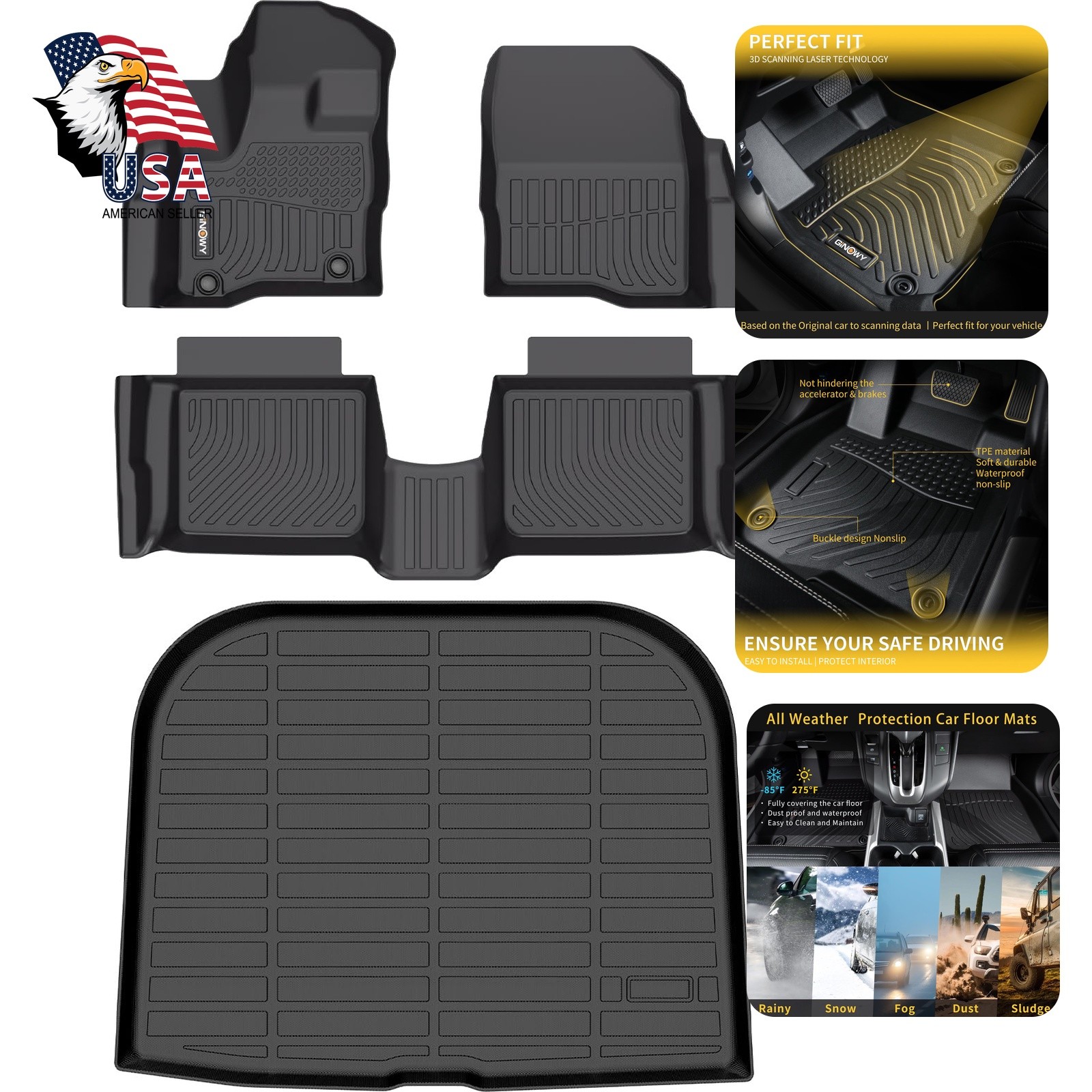 GINOWY Floor Mats Liner Ford Taurus 2010-2019 Black