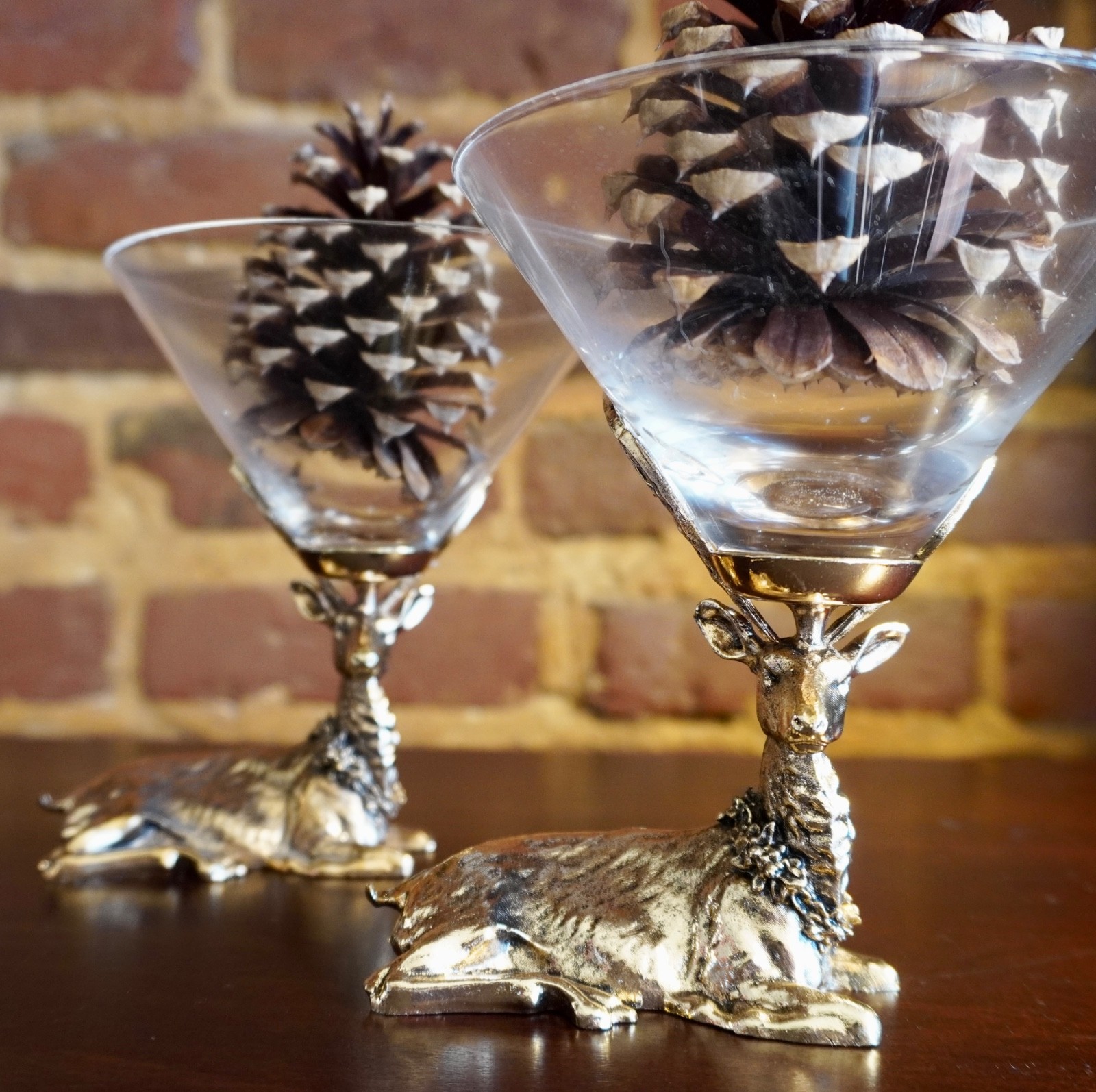 2 X Deer Antler Cocktail Martini Glass Brass Hunting Gold Stag Reindeer Party