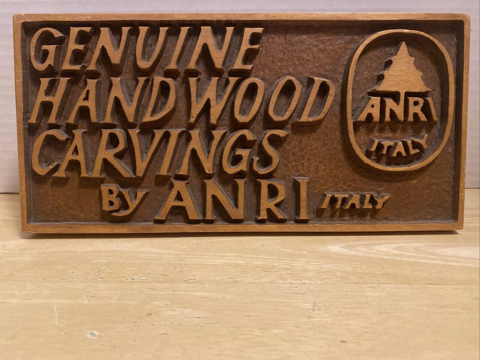 Genuine Hardwood Carvings by Anri Sign Display Wood Carved Rare Italy 9.5” X 5”