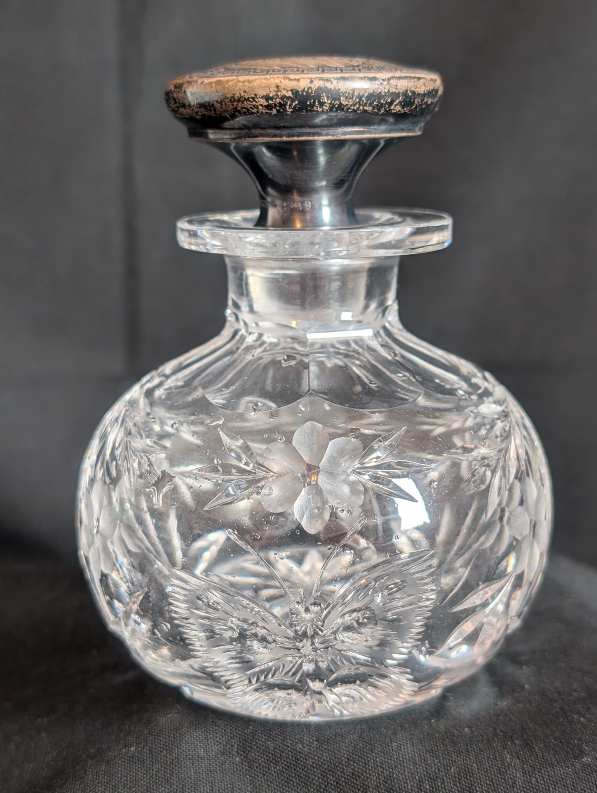 Antique Cut Glass Perfume Bottle Flower Butterfly w Sterling Foster Bailey Stopr