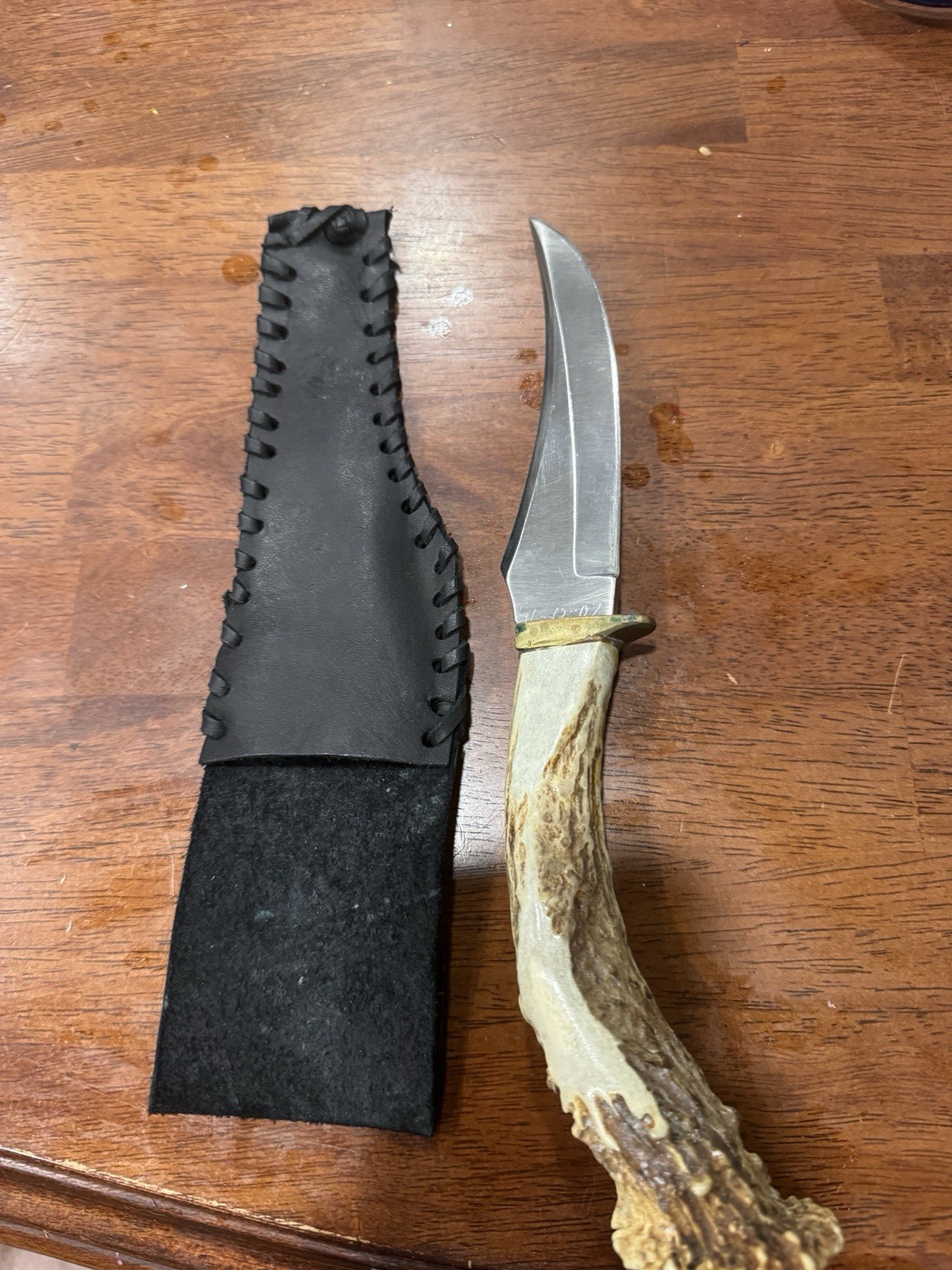 Vintage Custom Made Knife With Deer Antler And Leather Sheath, Made In 07/08