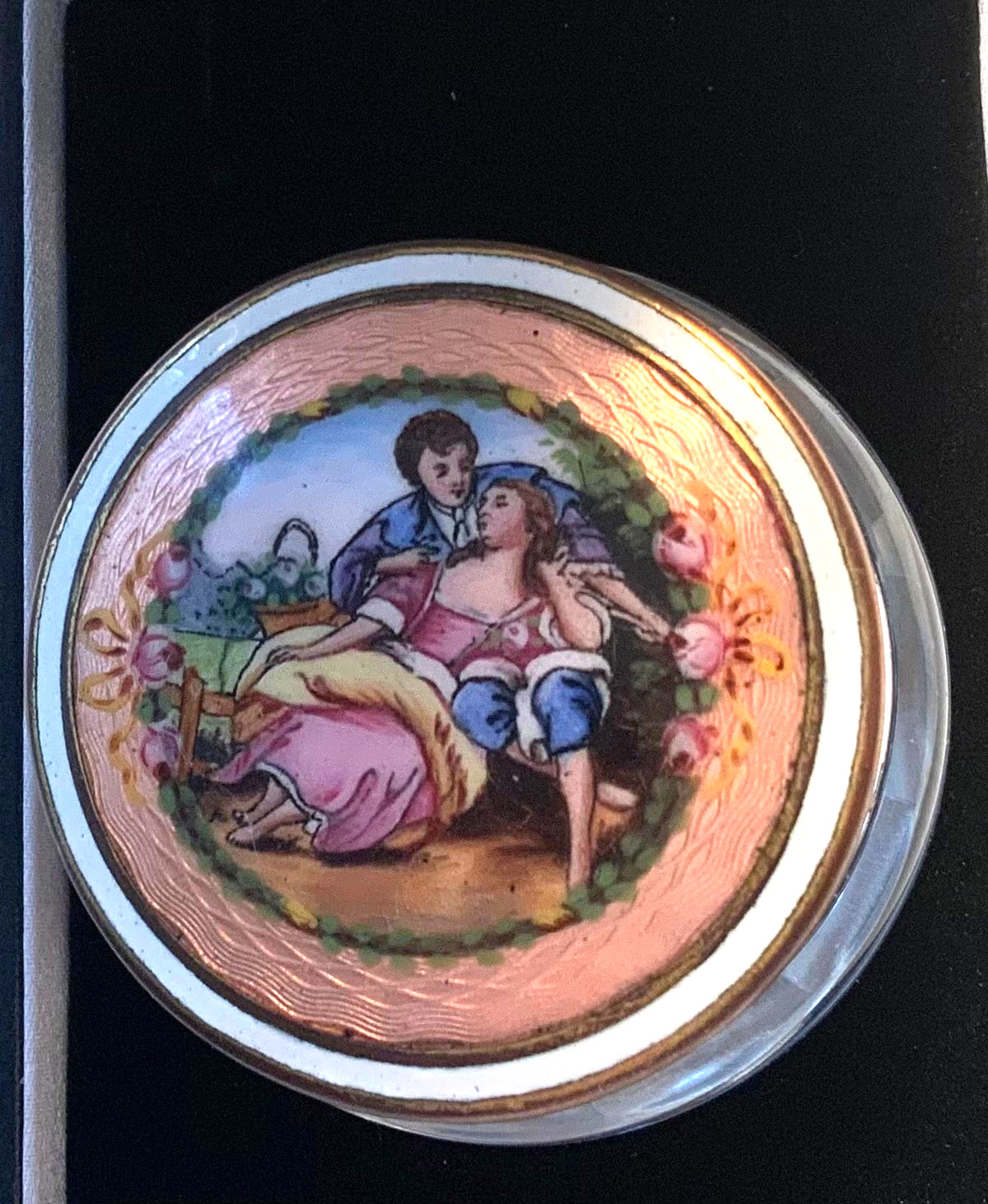 BEYOND STUNNING Antique GLASS *PINK Hand Painted ENAMEL GUILLOCHE* Dresser Jar