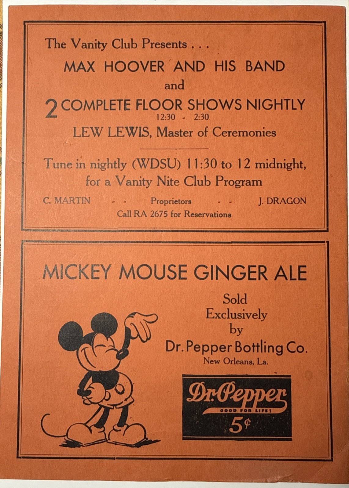 1940s New Orleans LA VANITY CLUB Menu Mickey Mouse Ginger Ale Dr Pepper Bottling
