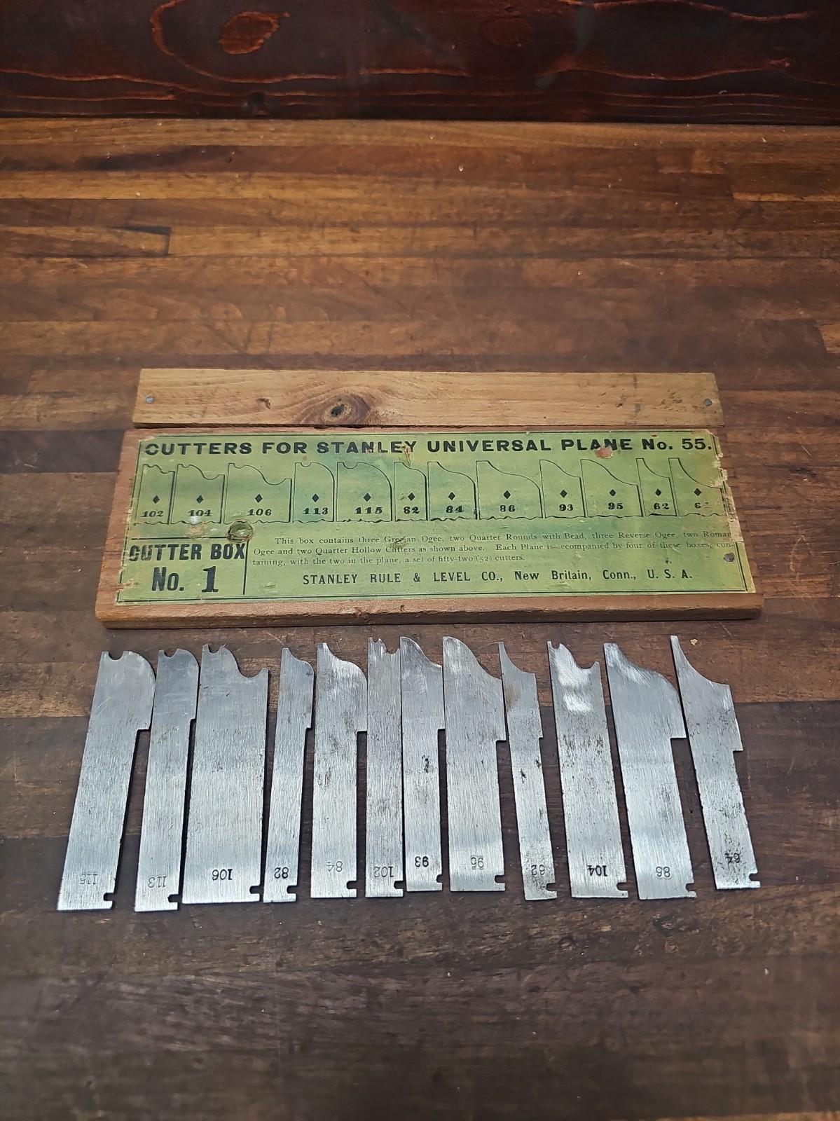 G96- Antique Stanley No. 55 Combination Plane Cutters Box # 1